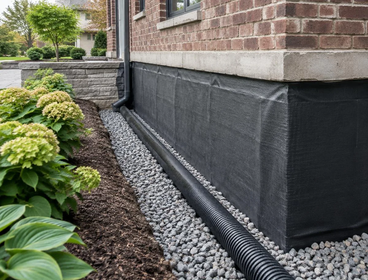 Exterior waterproofing membrane and foundation drainage beside a Scarborough home